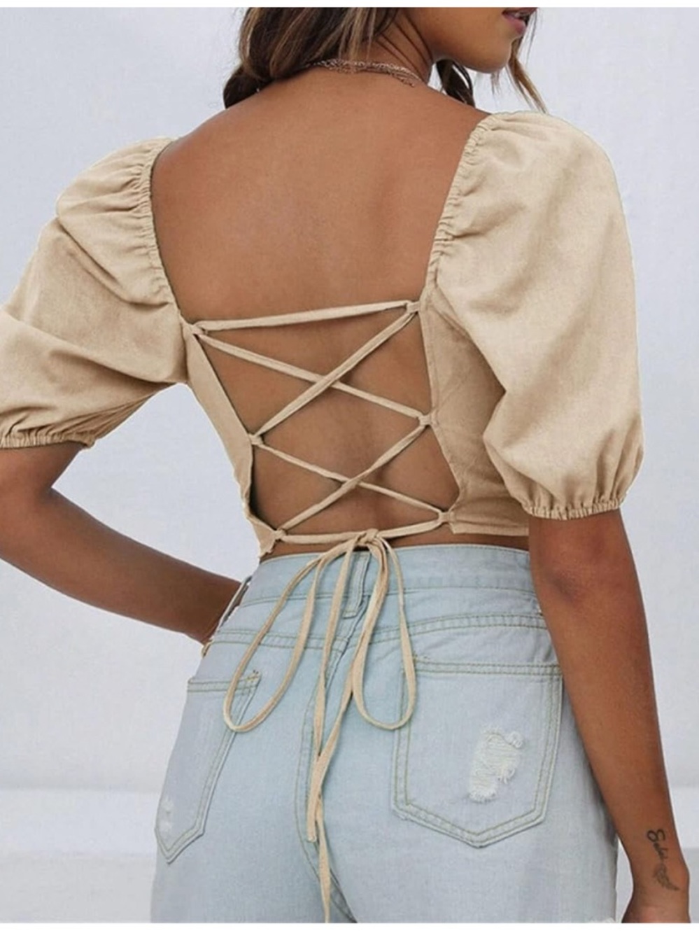 Linen blend Neutral Lace-Up Puff Sleeve Crop Top